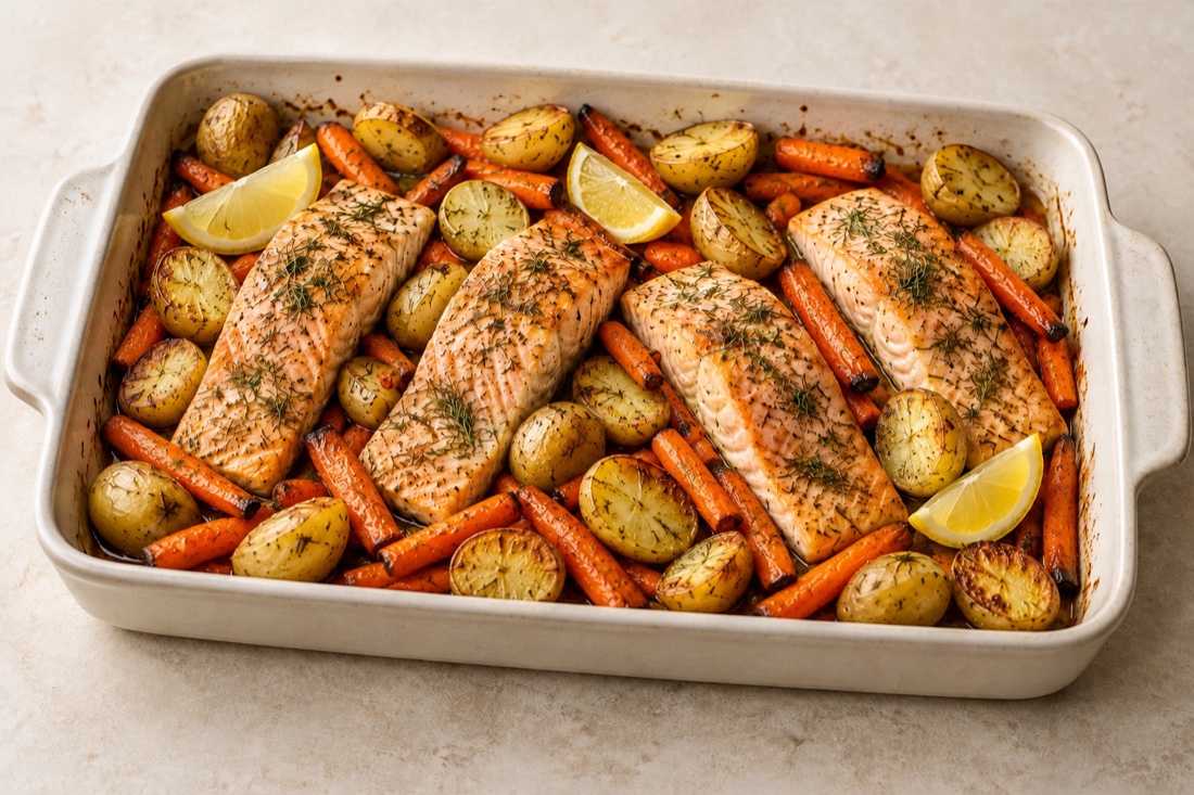 Cooked salmon with potatoes and carrots