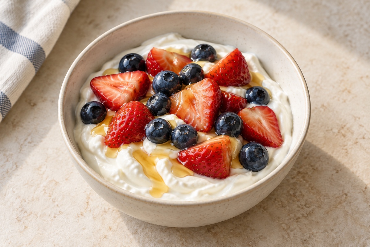A bowl of plain yogurt with berries